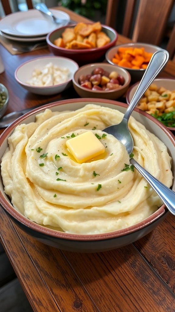 A bowl of creamy mashed potatoes with butter and parsley, ready to serve.